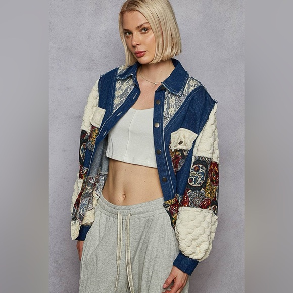 NEW POL Denim Blue Balloon Sleeve Patchwork Jacket Boho Lace Back Size Large - Picture 5 of 7